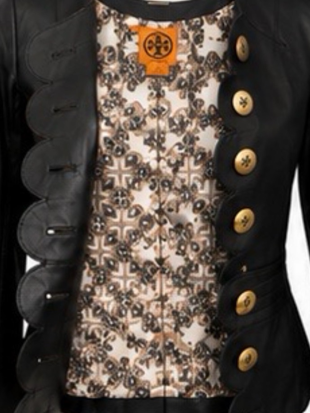 Tory Burch Black Leather Scalloped Jacket with Gold Logo Buttons - Picture 4 of 7